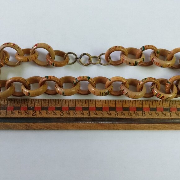 Vintage Wooden Link Ring Necklace Tropical Hand Painted Jewelry Antique Clasp - Picture 15 of 16